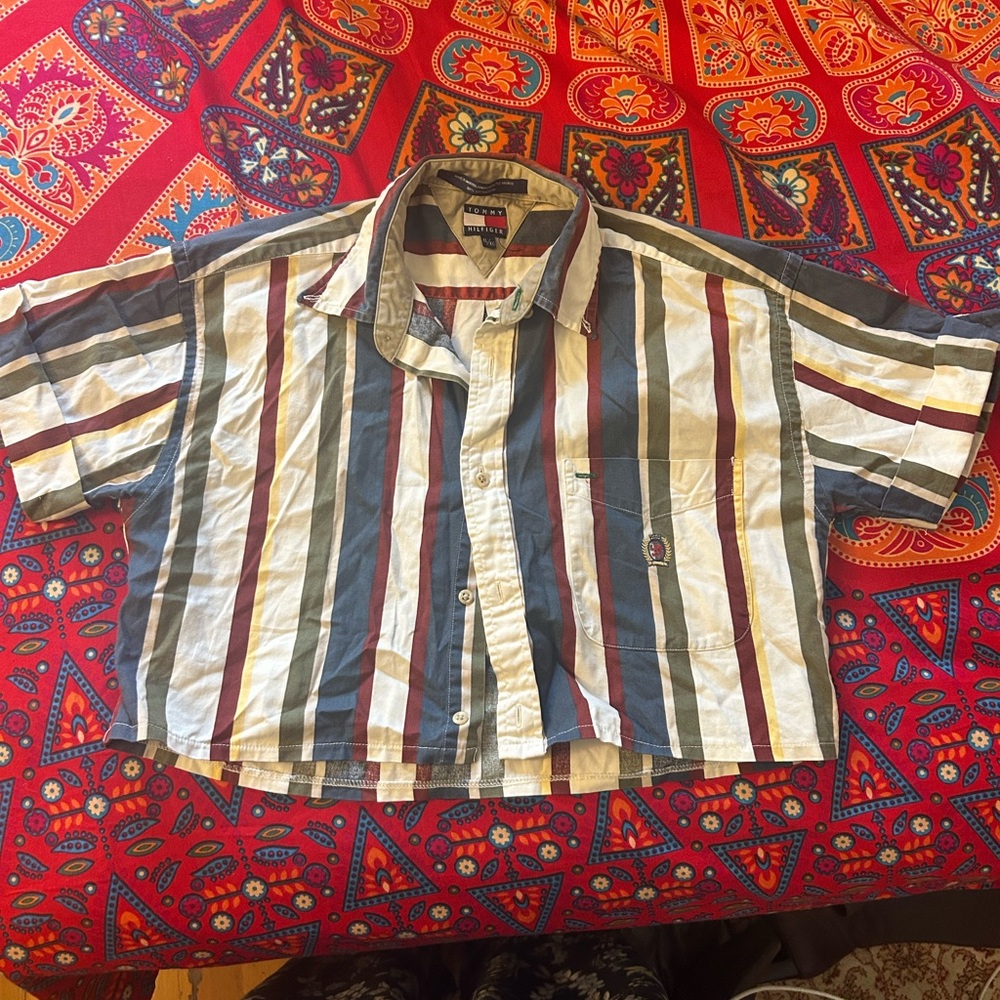 Tommy Hilfiger Oversized Striped Short-Sleeve Shirt in Blue, White & Burgundy
